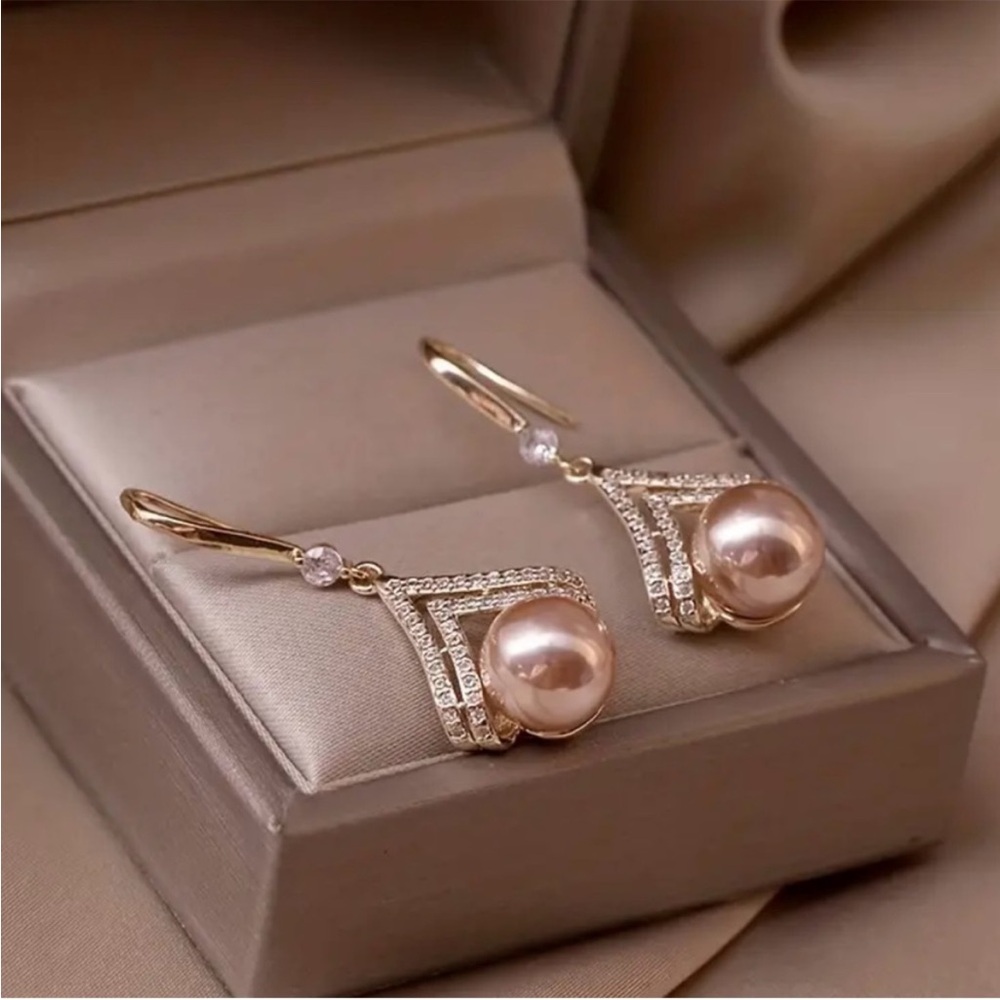 Gold-Tone Pink Pearl Drop Earrings with Crystal Accents